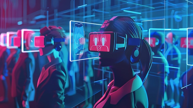 Immersive Virtual Reality Experience Futuristic Metaverse with Neon Lights and People Wearing VR Headsets