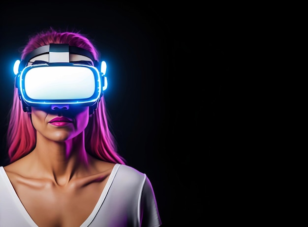 Immersive Virtual Reality Experience for a White Woman with Copy Space