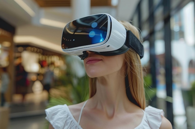 Immersive Virtual Reality Experience with Modern VR Headset Woman Engaged in Digital Interaction