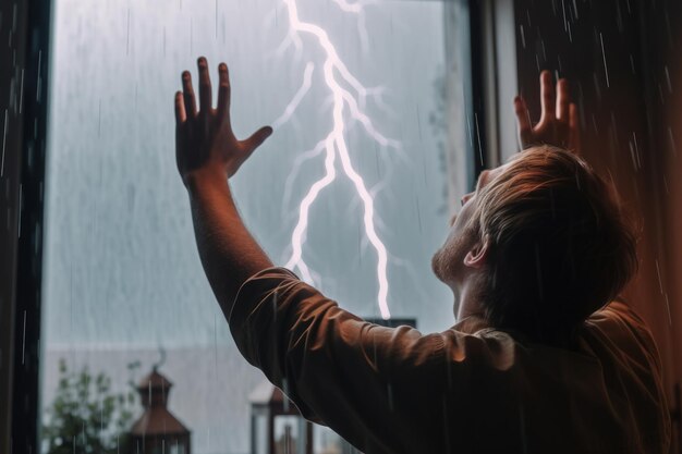 Immortality man stretches his arms up during a lightning thunderstorm generative ai