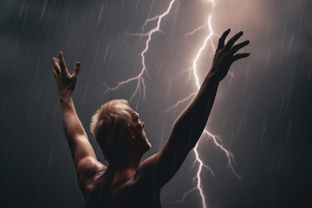 Immortality man stretches his arms up during a lightning thunderstorm generative ai