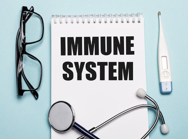 IMMUNE SYSTEM written on a white notepad next to a stethoscope, goggles, and an electronic thermometer on a light blue surface. Medical concept.