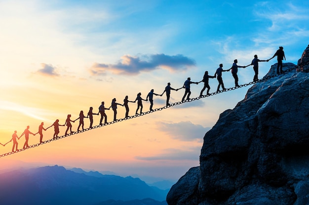 Photo an impactful image of people forming a human chain over a chasm symbolizing the strength and unity a