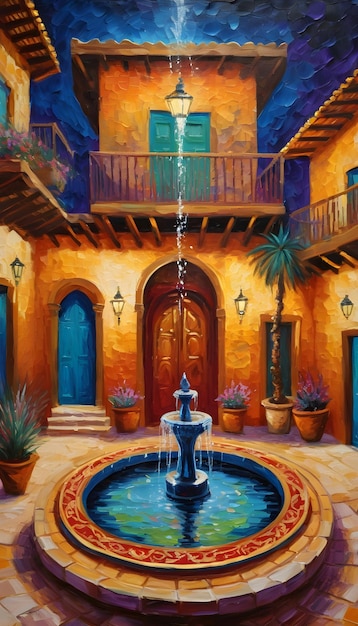 Impasto painting Courtyard Arabhouse with water fountain