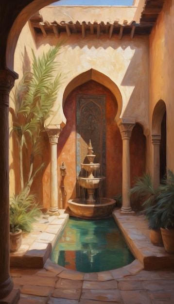 Impasto painting Courtyard Arabhouse with water fountain