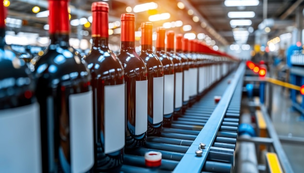 Impeccable factory setting red wine bottles on bottling line showcasing precision and cleanliness