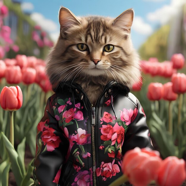 An impeccably dressed cat explores a tulipstrewn field