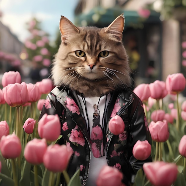 An impeccably dressed cat explores a tulipstrewn field