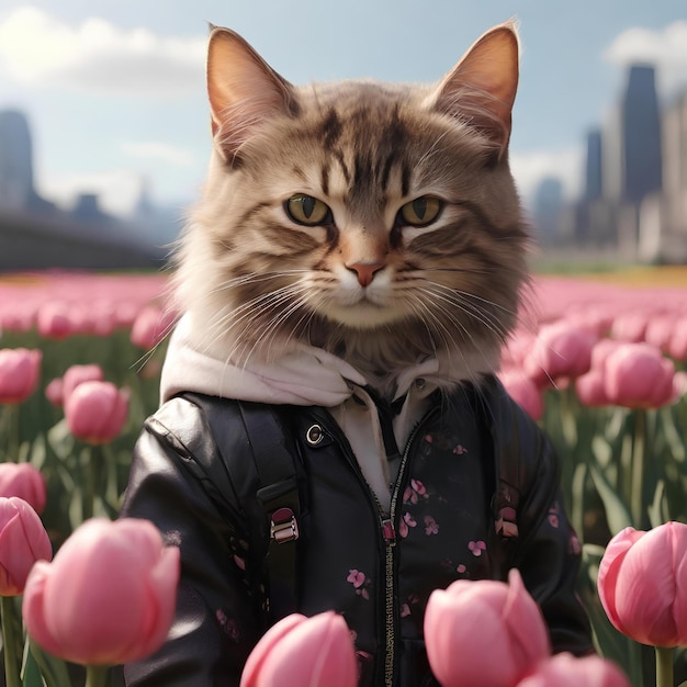 An impeccably dressed cat explores a tulipstrewn field