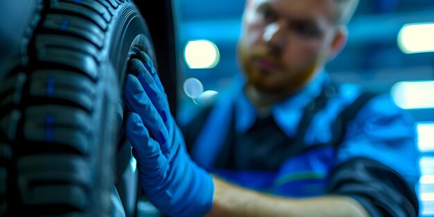 Photo the importance of professional tire inspection in a welllit garage concept auto maintenance tire safety garage lighting professional inspection preventative care