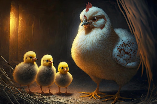 Important mom chicken stands and guards her cute chicks