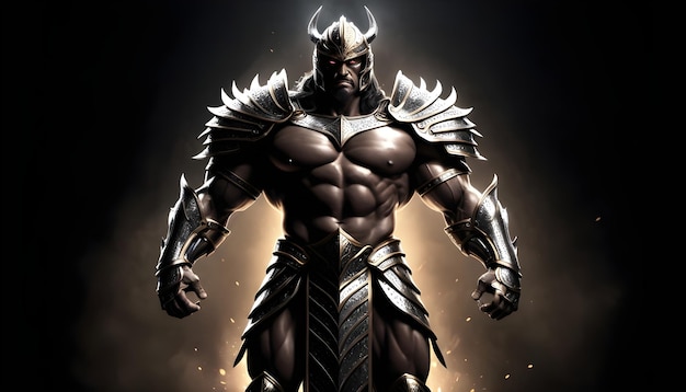 an imposing character with a muscular physique adorned in regal armor