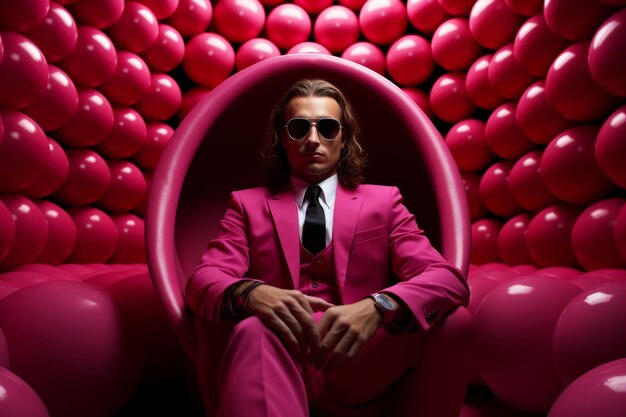 Photo imposing confident young longhaired caucasian man in glamorous crimson suit and stylish sunglasses