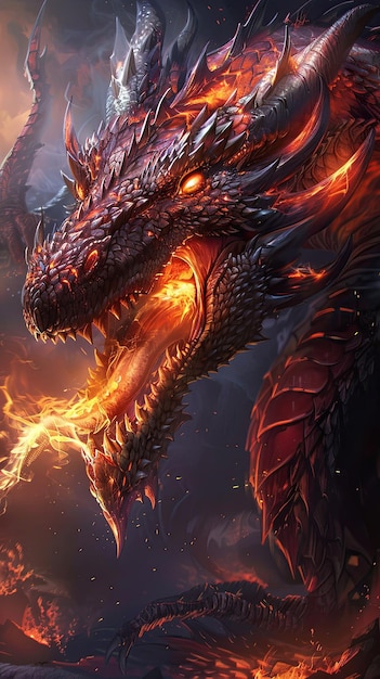 An imposing dragon surrounded by flames and smoke in a dynamic and dramatic artwork Generate AI