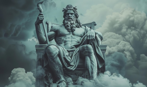 Imposing figure of Zeus seated on his throne atop Mount Olympus holding a thunderbolt