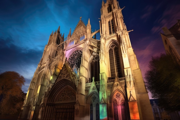 Imposing Gothic basilica colorful stained glass windows and majestic pillars generative IA