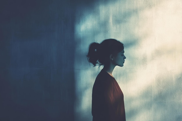 Photo imposter syndrome woman with award shadows anxiety and lack of confidence faking identity concept