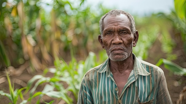 An impoverished farmer faces crop failure and food insecurity African American black man poverty hunger tragedy field closeup blur sadness and concern for tomorrow Generative by AI