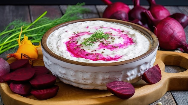 Impress your guests with this colorful and delicious cold beetroot and yogurt dip made with roasted beets creamy yogurt and a hint of garlic for a zesty kick Generated by AI