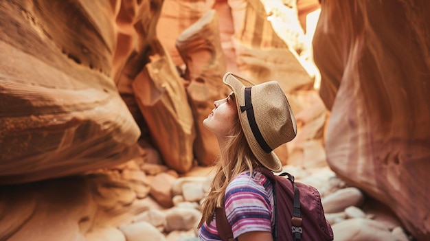 Photo impressed young woman looking up inside of red stone