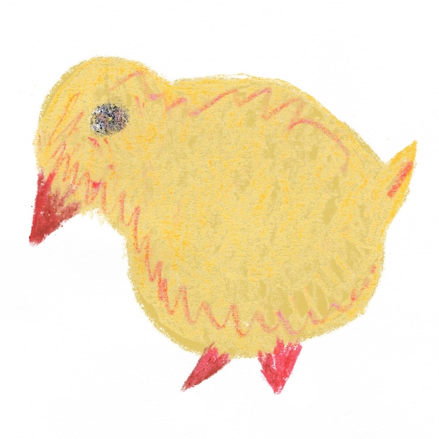 An impression of a chicken A yellow chicken with a red beak and paws