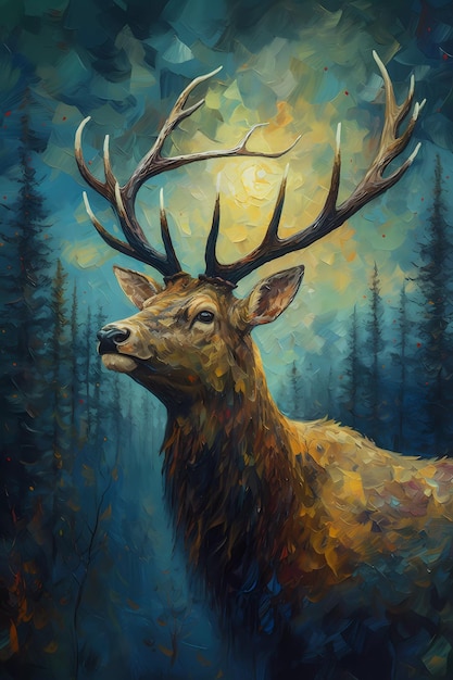 An impressionism painting of an elk in van gogh style