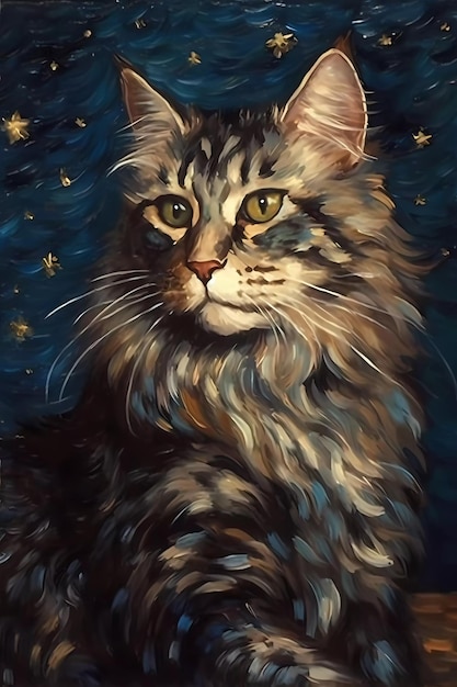 An impressionism painting of a maine coon cat in van gogh style