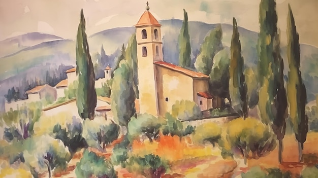 Photo impressionist art church in tuscan hills