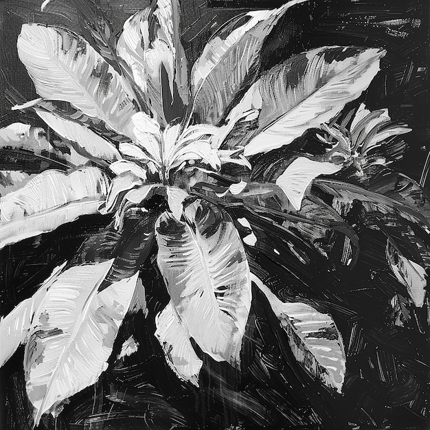 impressionist black and white monochrome oil painting of tropical plant leaves and ornate exotic flo