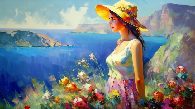 Impressionist painting woman in summer Illustration AI GenerativexA