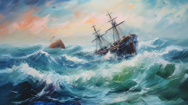 Impressionist paintingsea ship storm big wave Illustration AI GenerativexA