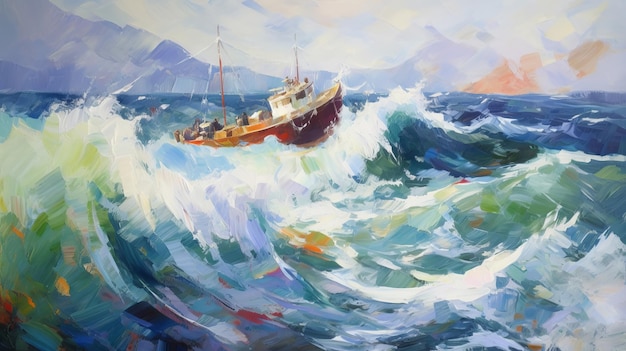 Impressionist paintingsea ship storm big wave Illustration AI GenerativexA