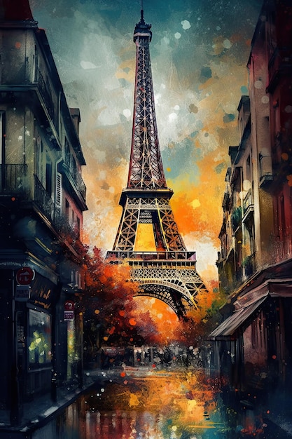 Impressionistic Eiffel Tower painted poster Bright colorful illustration