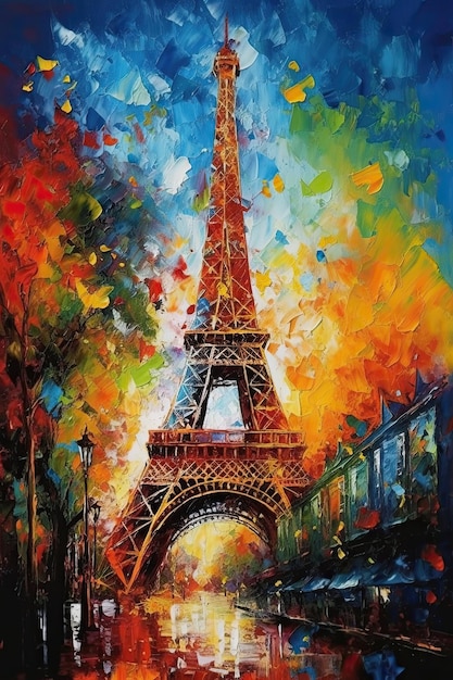 Impressionistic Eiffel Tower painted poster Bright colorful illustration