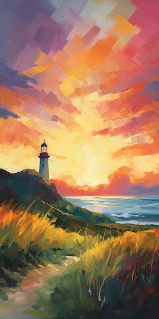 Impressioniststyle Painting Of Plains Sunset With Lighthouse