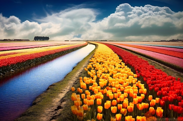 An impressive display of colored tulips in a field