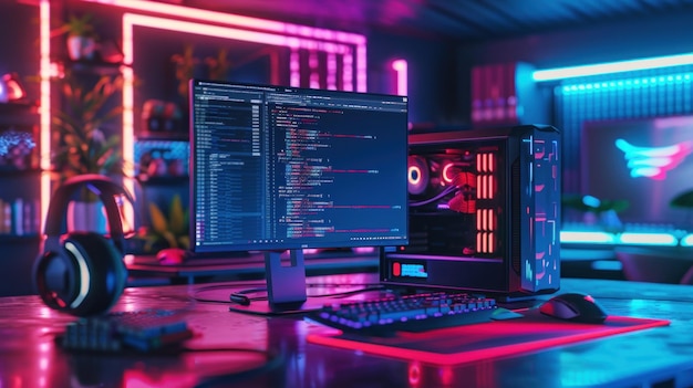 Impressive game room setting with a gaming computer on a table accented with purple neon lighting against a window backdrop