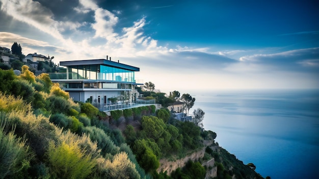 An impressive image of a modern hillside villa masterfully designed to embrace the breathtaking coastal landscape