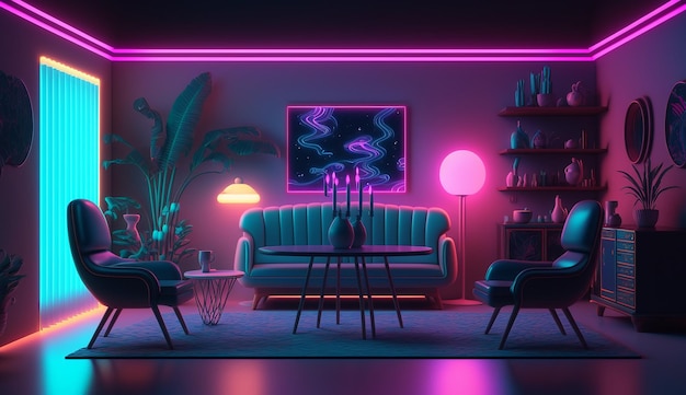 Impressive plant space neon living room interior design AI Generated image