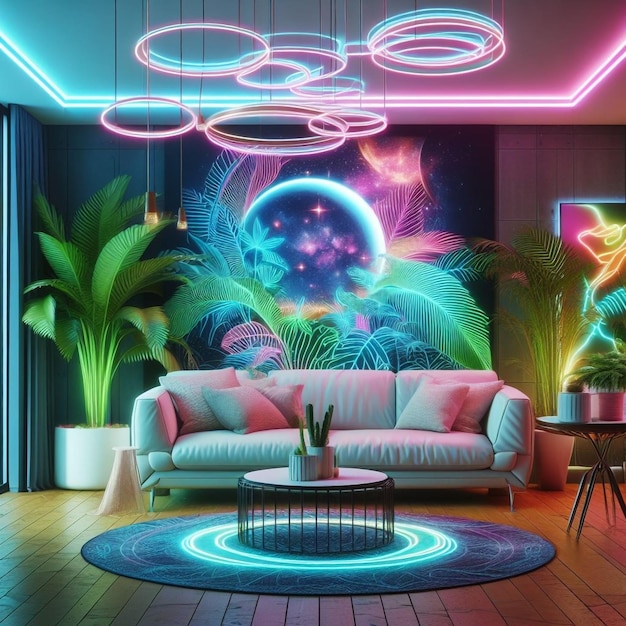 Impressive plant space neon living room interior design AI Generated image