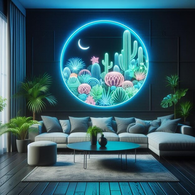 Impressive plant space neon living room interior design AI Generated image