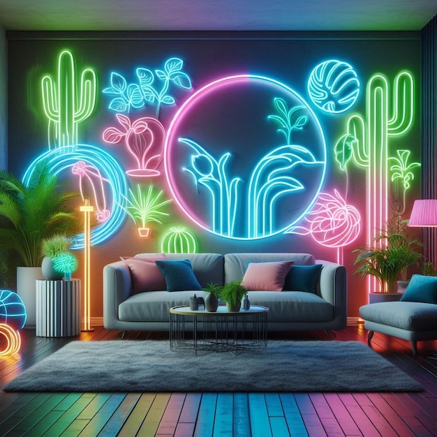 Impressive plant space neon living room interior design AI Generated image