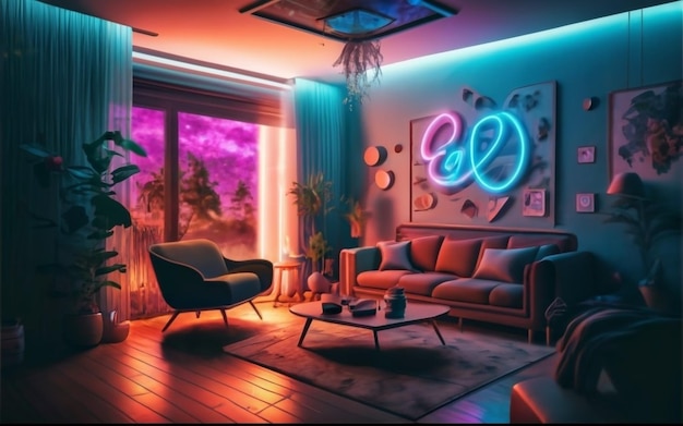 Impressive plant space neon living room interior design AI Generated image