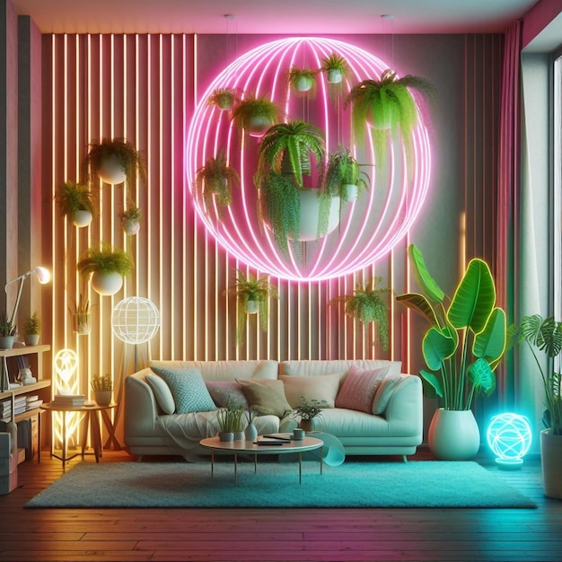 Impressive plant space neon living room interior design AI Generated image