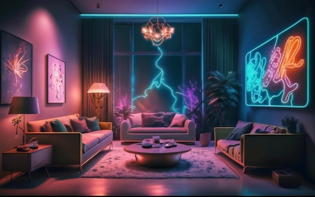 Impressive plant space neon living room interior design AI Generated image