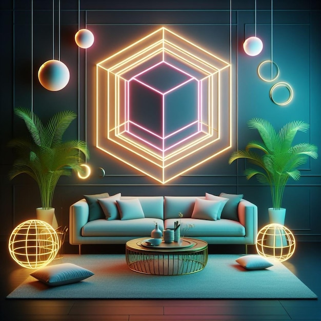 Impressive plant space neon living room interior design AI Generated image