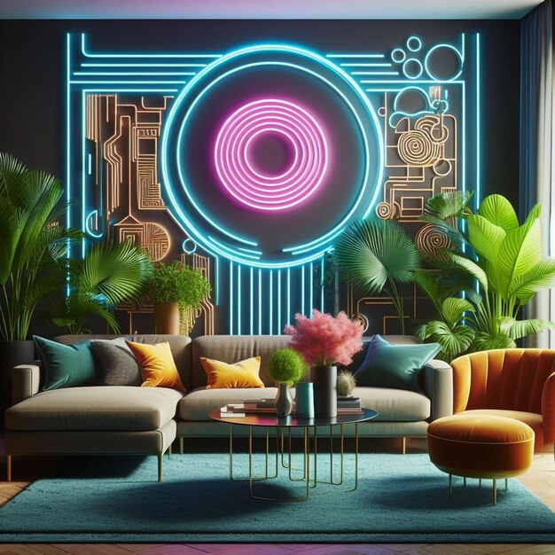 Impressive plant space neon living room interior design AI Generated image