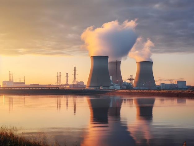 The impressive silhouette of the reactor towers above its structure blending into the surrounding industrial landscape of the harbor created generative AI