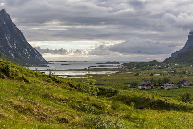 Impressive summer view of fjord in Norway. Colorful morning scene in Norway.