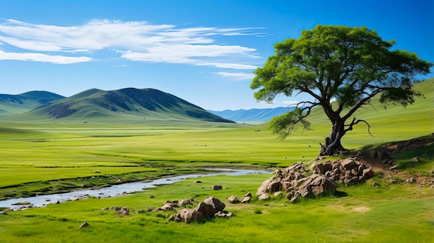 Impressive Terelj Nationalpark in Mongolia Soothing Blue Grass with Gentle Trees and Craggy Rocks